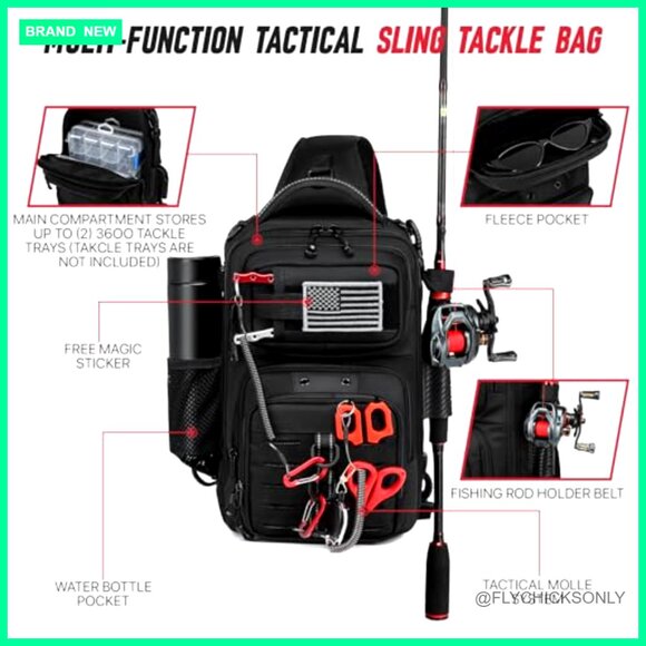 Rod Holder Backpack Small Fishing Sling Backpack  Fishing Sling Backpack with Rod Holder, MOLLE System, Water Resistant